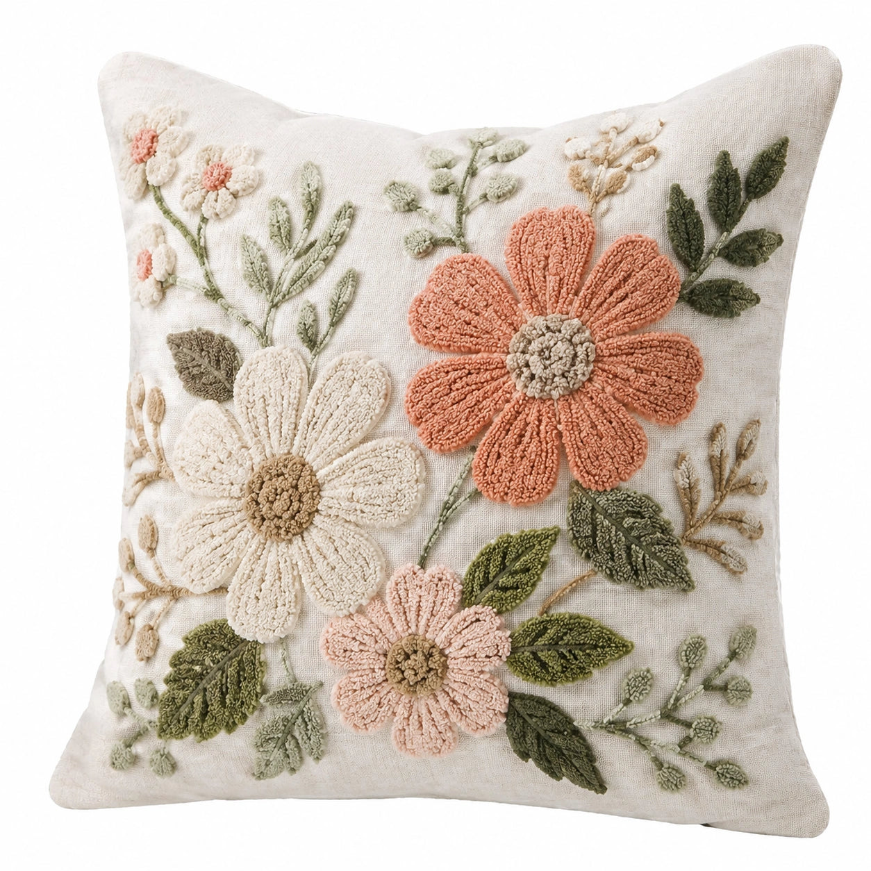 Dekokissen 45 x 45 cm Creme Rosa Grün mit floraler Stickerei