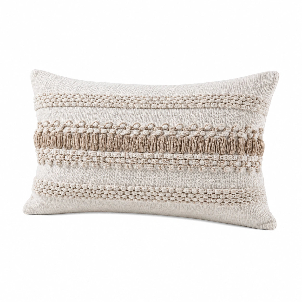 Dekokissen 50 x 30 cm in Beige aus Textil mit Fransen im Boho-Stil