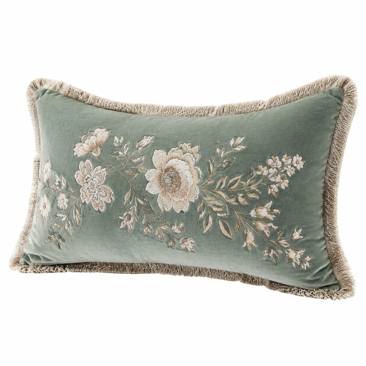Rechteckiges Dekokissen 50 x 30 cm Textil Salbeigrün mit Blumenstickerei und Fransen