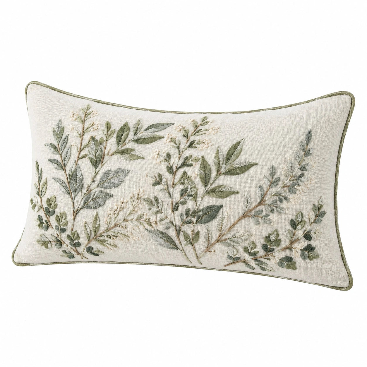Rechteckiges Dekokissen 50 x 30 cm aus Textil in Creme Grün mit botanischer Stickerei